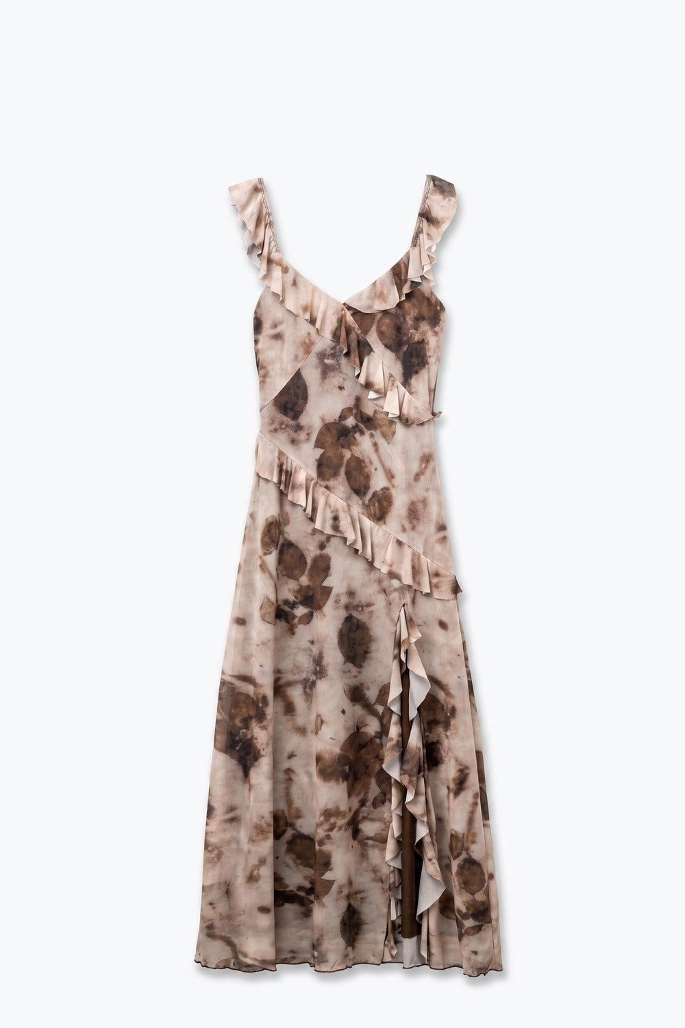 Beige Abstract Floral Chiffon Ruffle Trim V Neck Maxi Dress