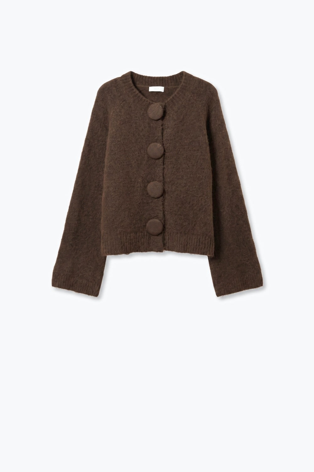 Product view 5 of brown fluffy-knit covered-button cropped cardigan