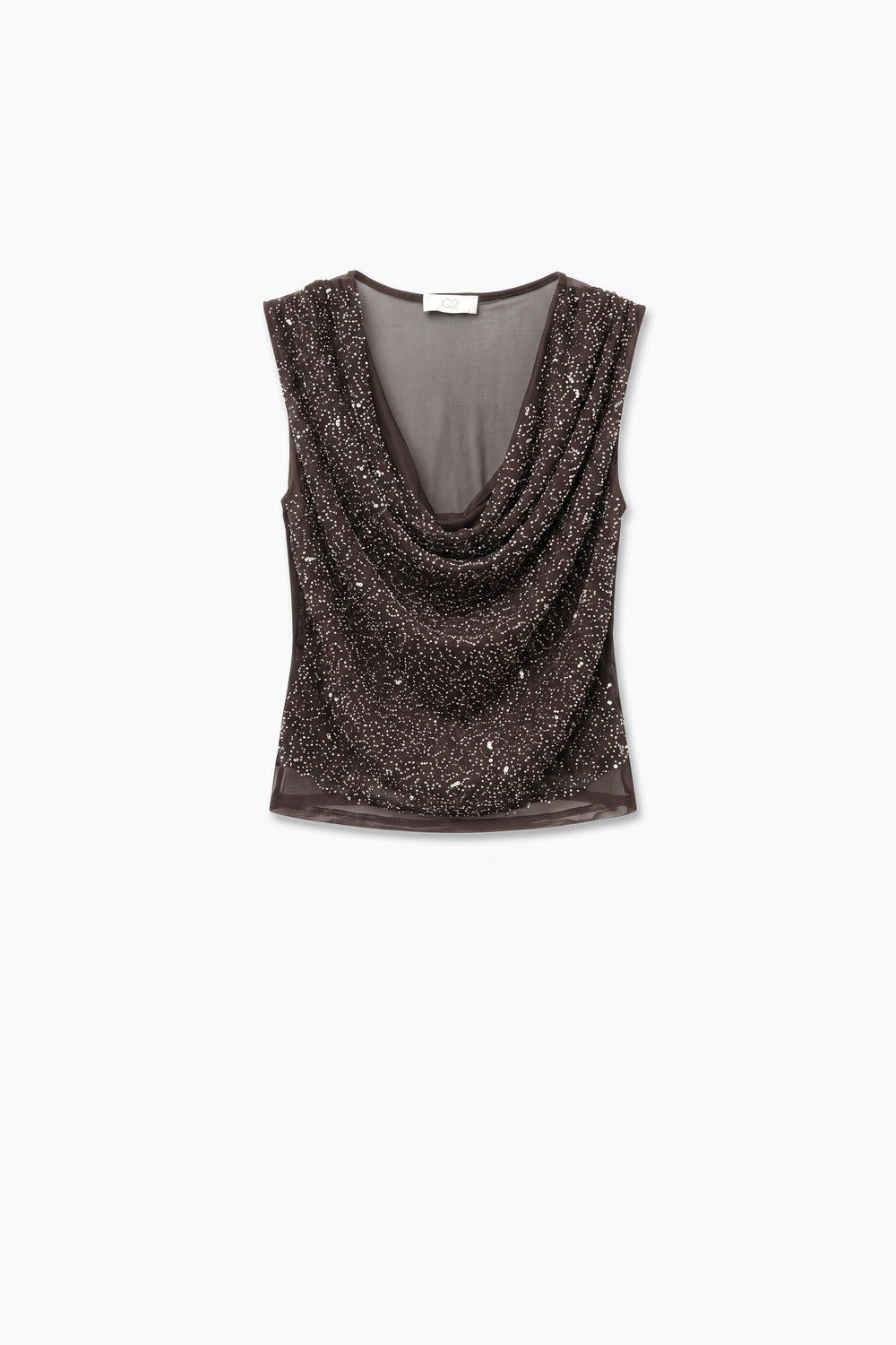 Product view 5 of brown sequin cowl-neck sleeveless top with mesh back