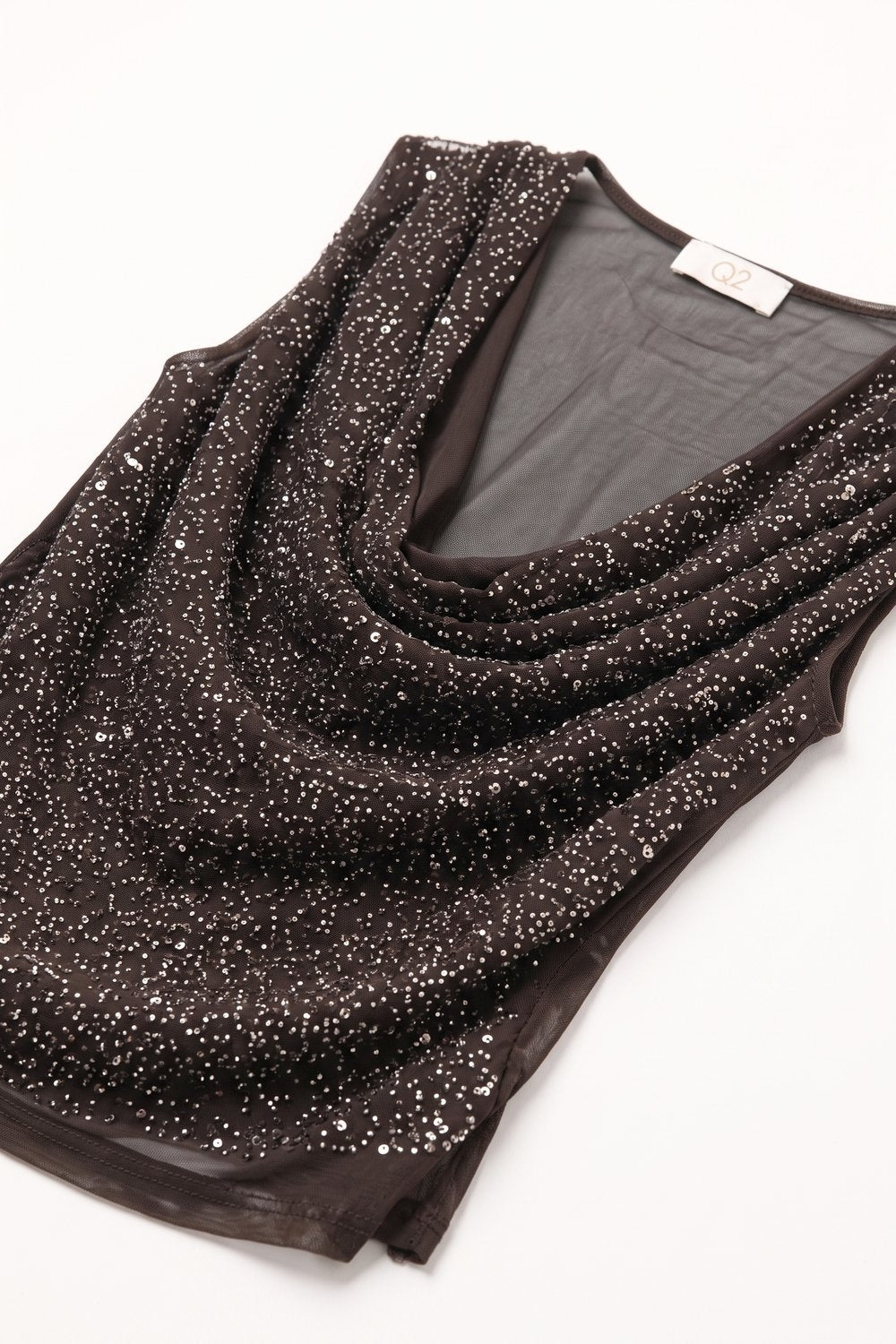 Product view 6 of brown sequin cowl-neck sleeveless top with mesh back
