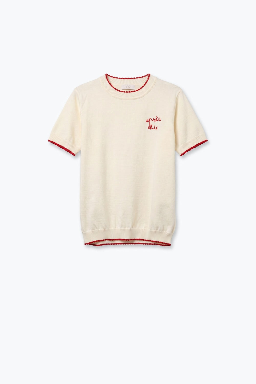 Cream Fine Knit Embroidered Short Sleeve sweater with red Trim