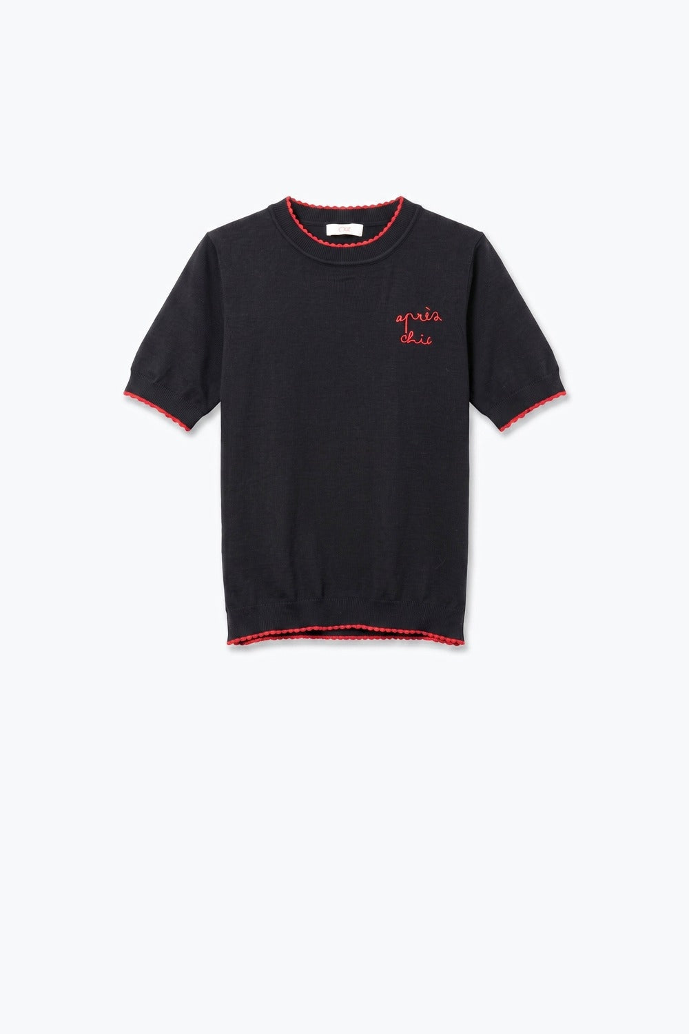Navy Fine Knit Embroidered Short Sleeve sweater with red Trim