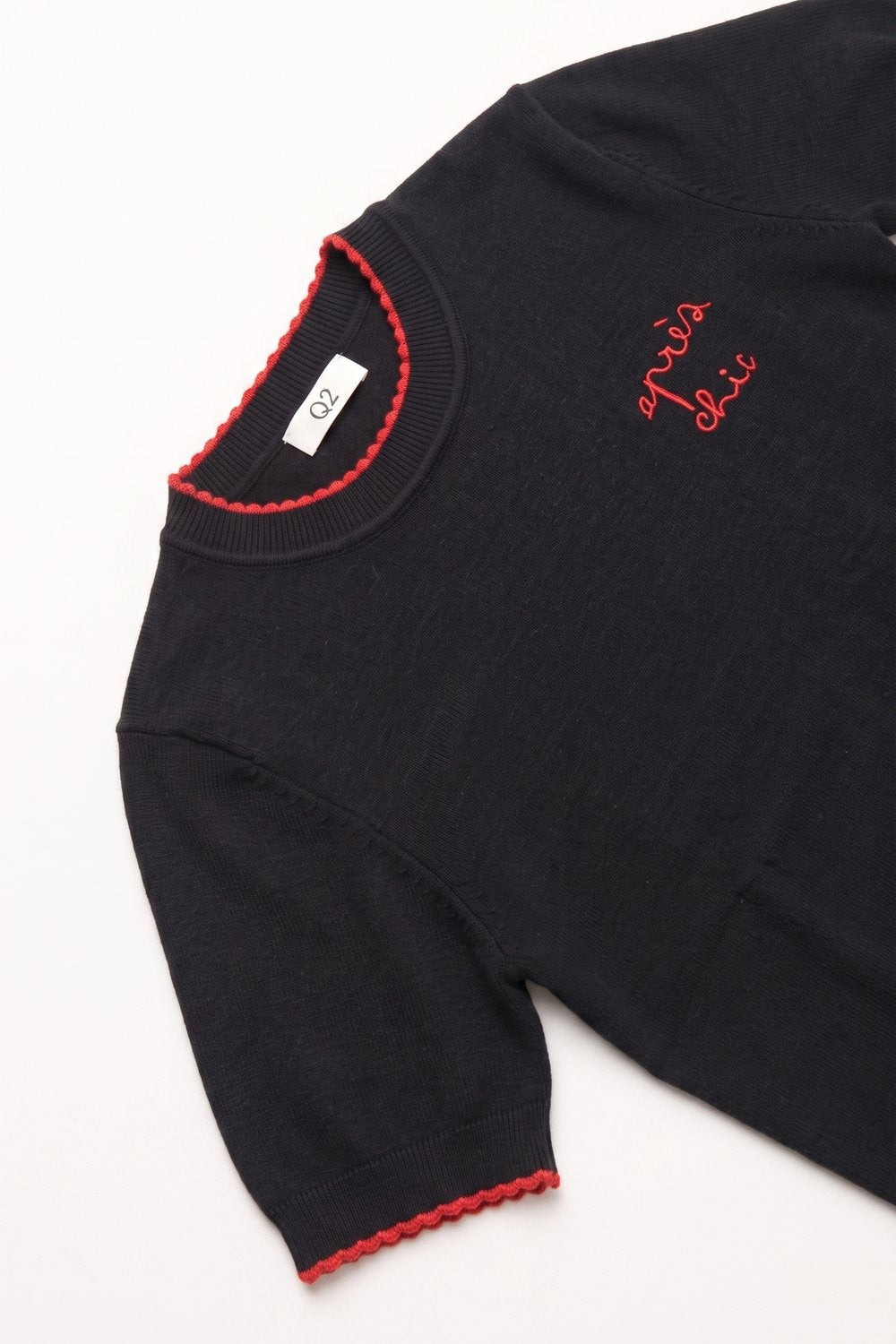 Navy Fine Knit Embroidered Short Sleeve sweater with red Trim