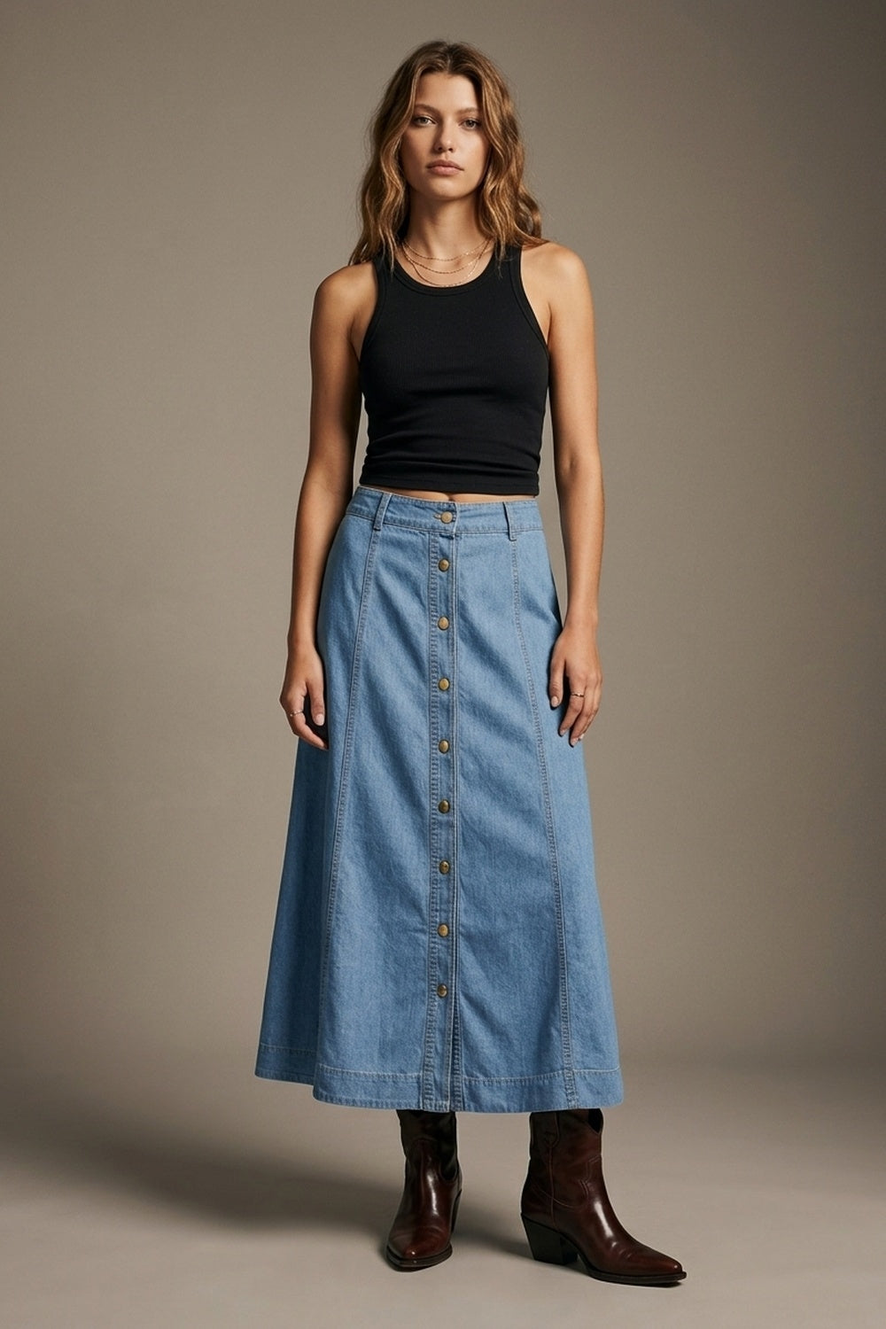 UNIKCOSA light blue button-front denim midi skirt with contrast stitching