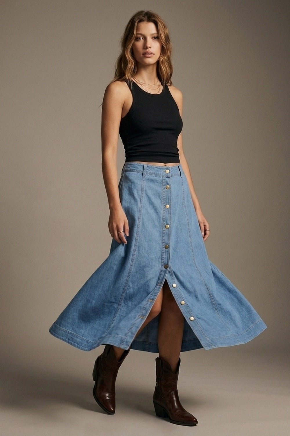 UNIKCOSA light blue button-front denim midi skirt with contrast stitching
