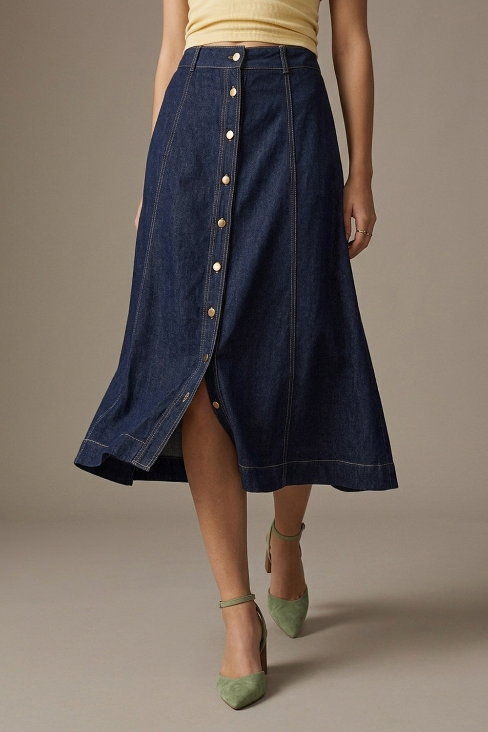 UNIKCOSA Dark Blue Denim midi skirt with Contrast Stitch Button Front A-Line — view 1 of 6