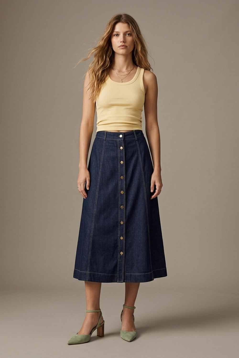 UNIKCOSA Dark Blue Denim midi skirt with Contrast Stitch Button Front A-Line — view 2 of 6