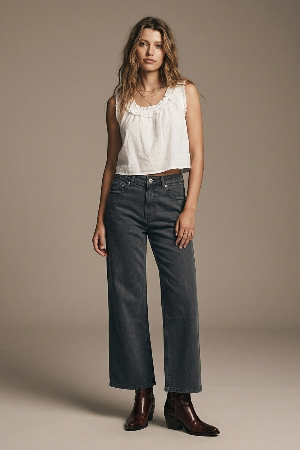 UNIKCOSA Gray Cropped Wide-Leg Jeans