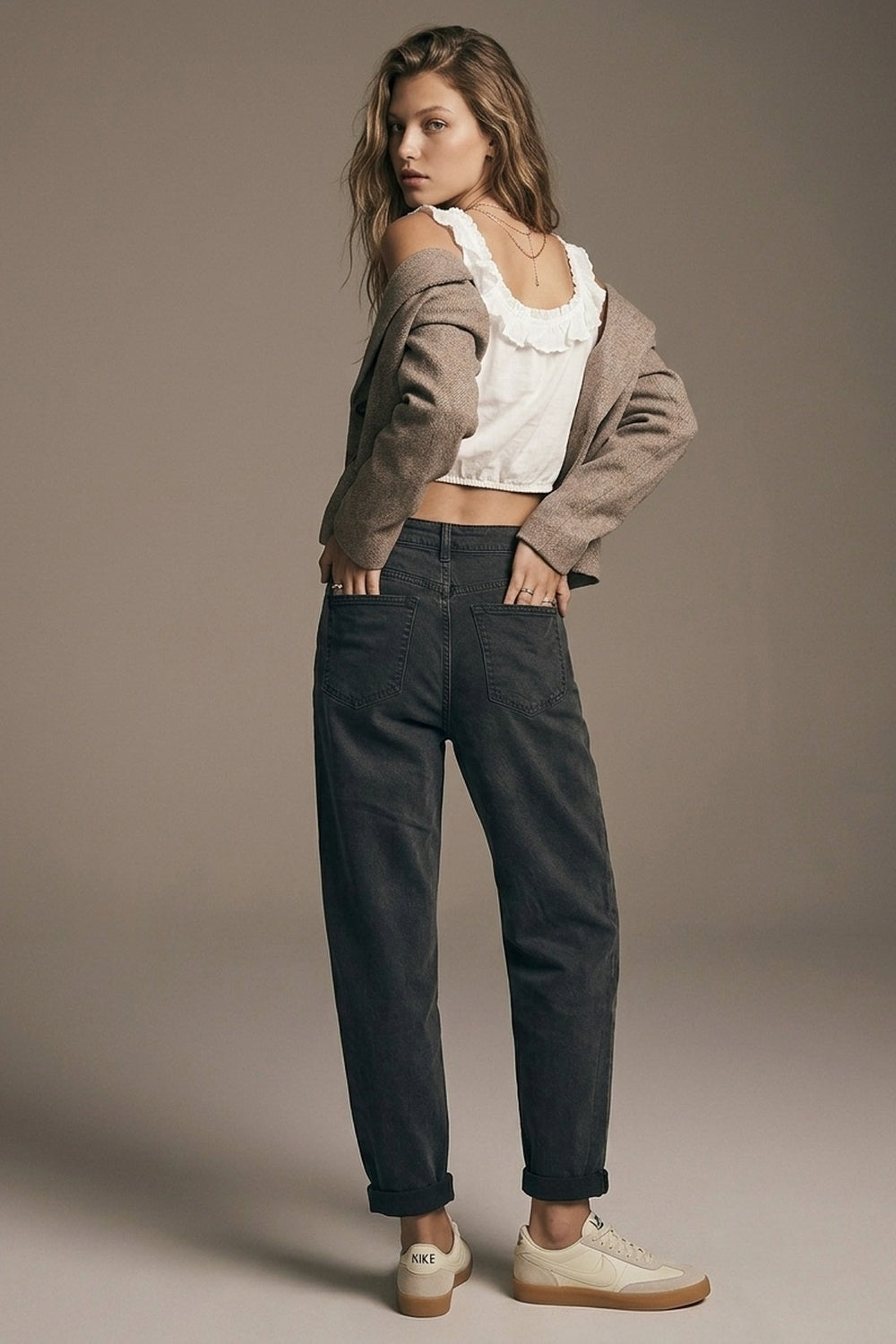 UNIKCOSA washed gray high-waisted barrel-leg jeans