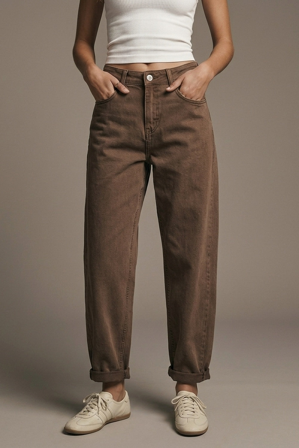UNIKCOSA washed cocoa high-waisted barrel-leg jeans