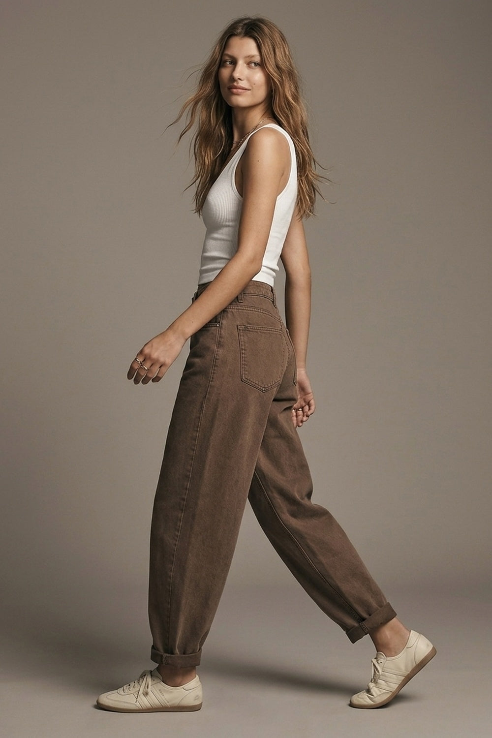 UNIKCOSA washed cocoa high-waisted barrel-leg jeans