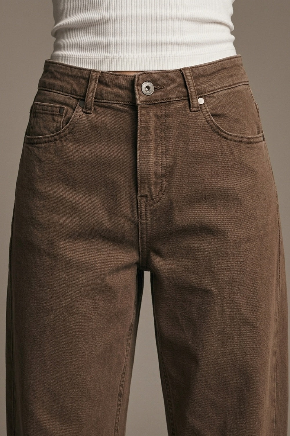 UNIKCOSA washed cocoa high-waisted barrel-leg jeans