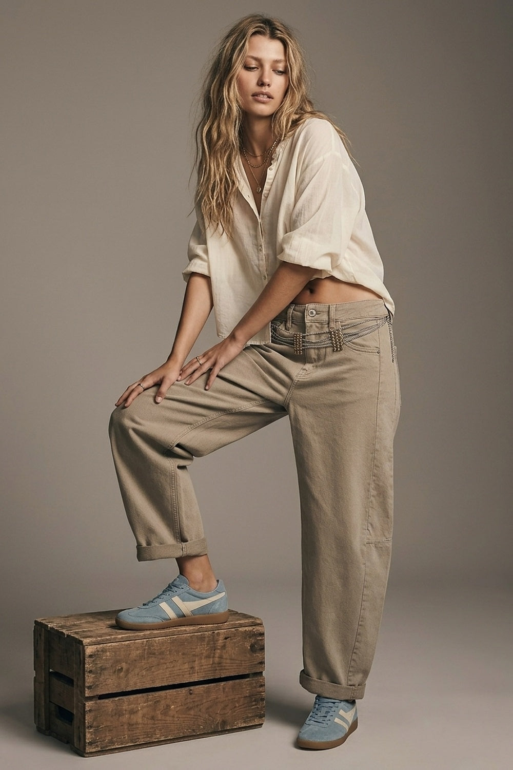 UNIKCOSA Trendy Beige Barrel Balloon Jeans with Pockets