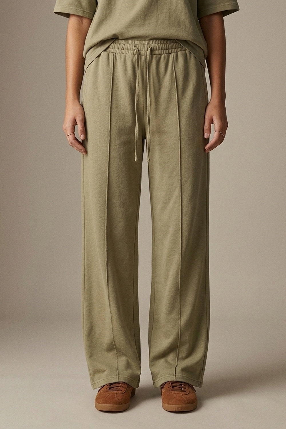UNIKCOSA Khaki Cotton Wide Leg Elastic Waist Relaxed Fit Pants