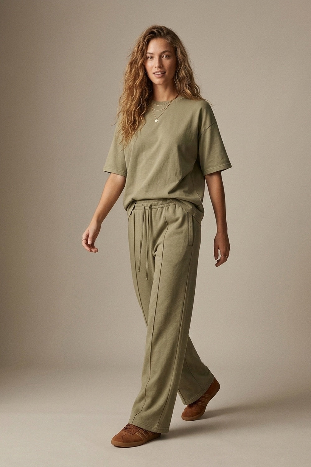 UNIKCOSA Khaki Cotton Wide Leg Elastic Waist Relaxed Fit Pants — view 2 of 7