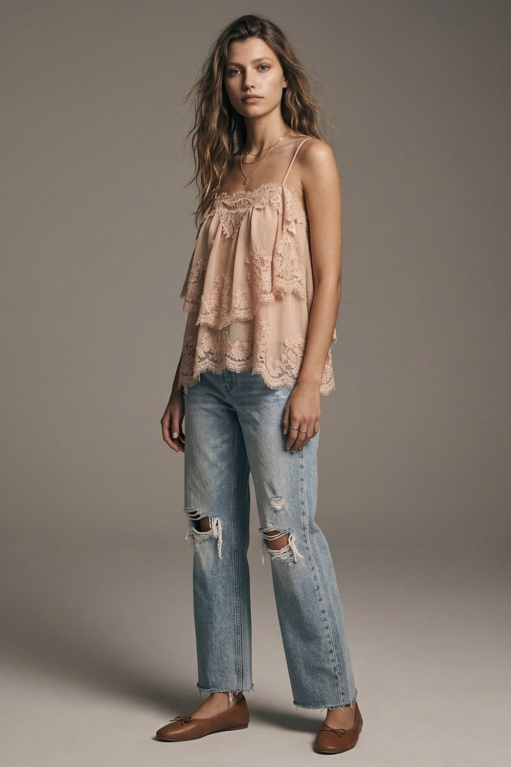 Product view 2 of beige lace chiffon tiered ruffle cami top