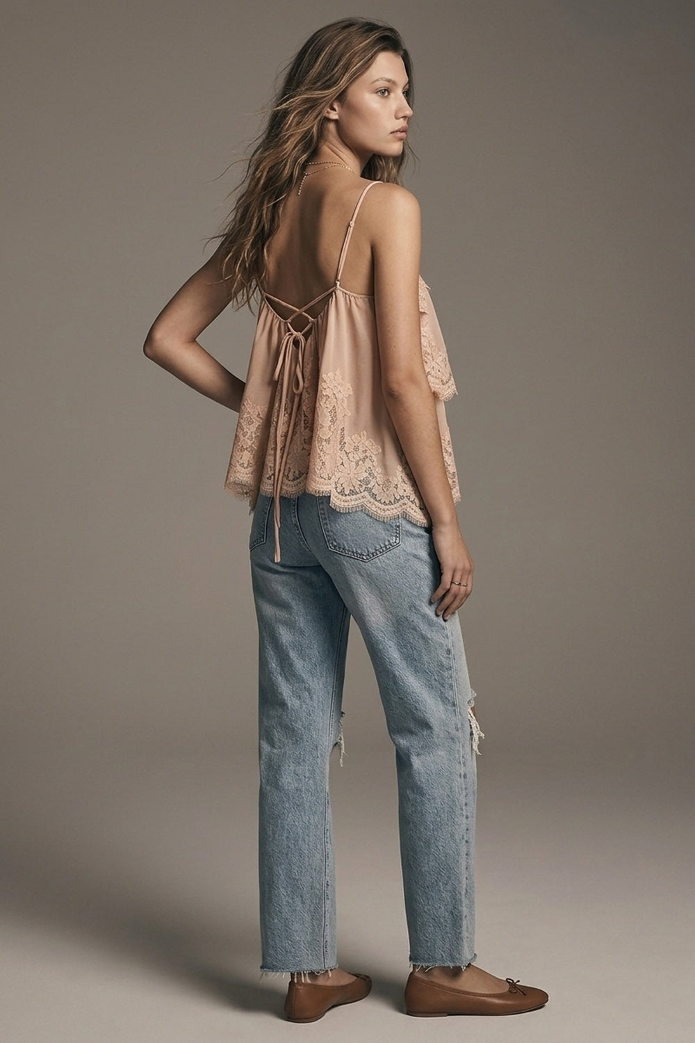 Product view 3 of beige lace chiffon tiered ruffle cami top