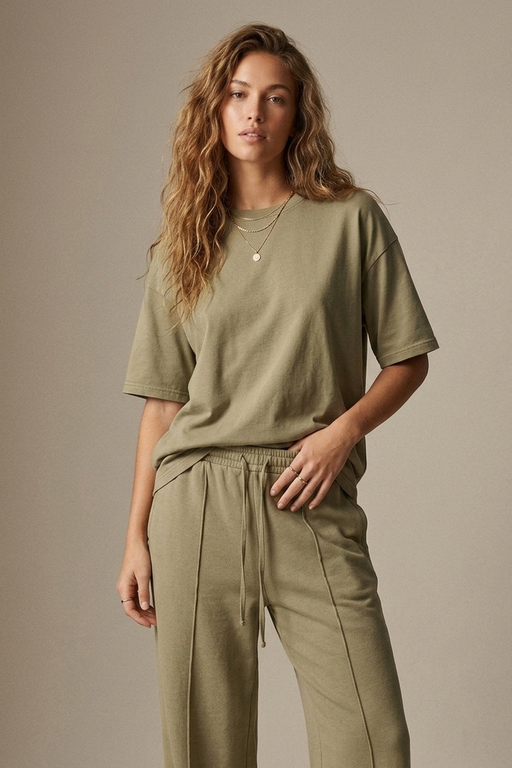 UNIKCOSA Khaki Cotton Crew Neck Regular Fit Short Sleeve T-Shirt