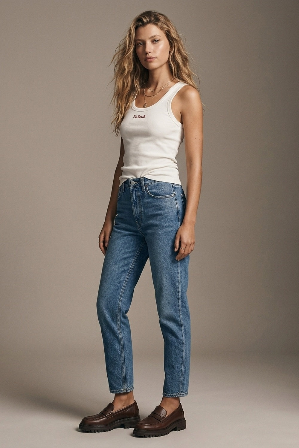 Product view 3 of white ribbed scoop-neck embroidered tank top