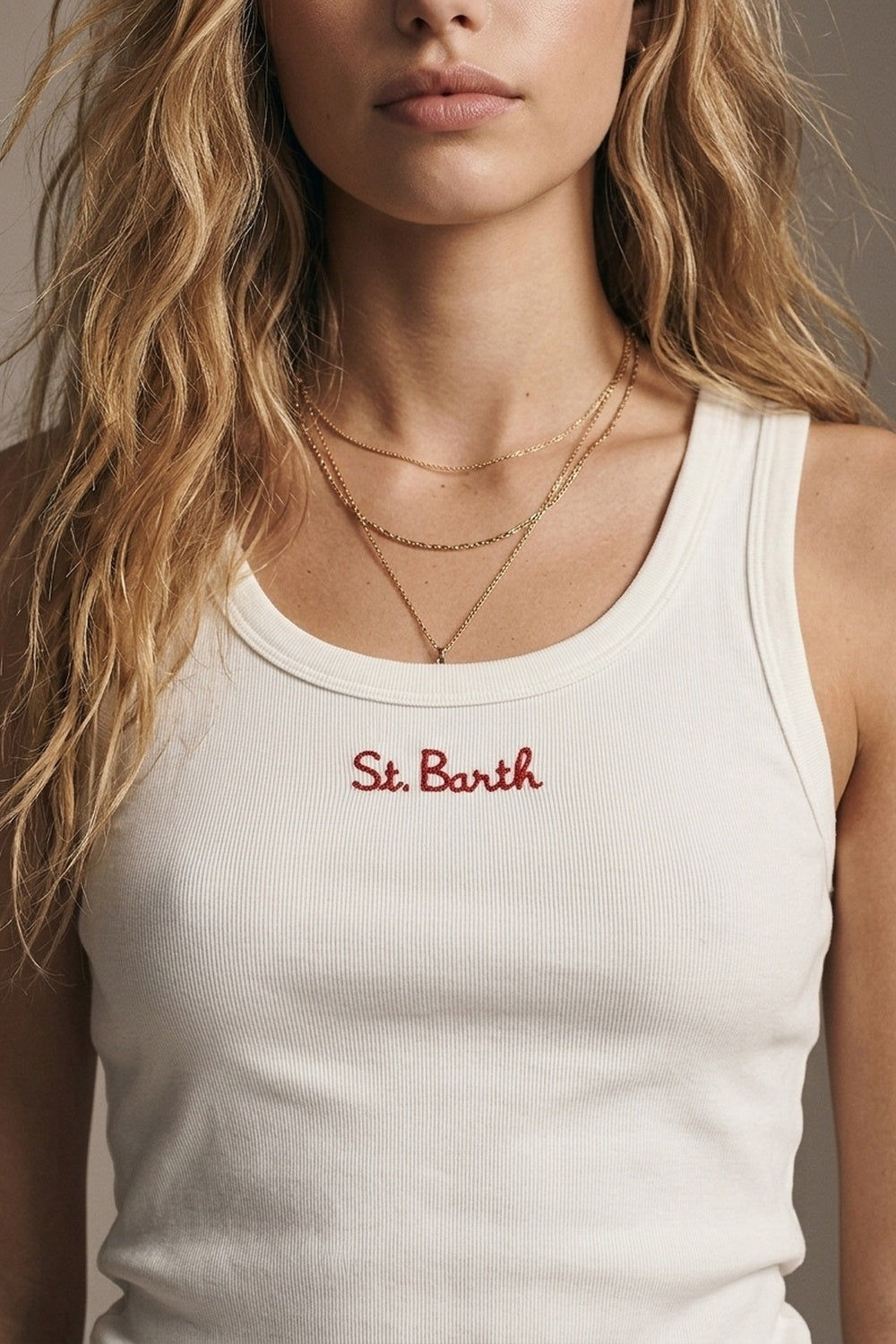 Product view 4 of white ribbed scoop-neck embroidered tank top
