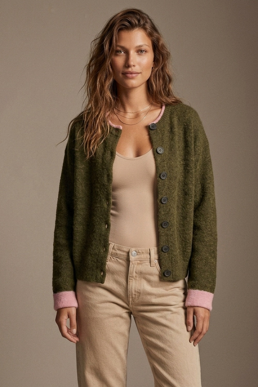 UNIKCOSA olive and pink contrast-trim cardigan