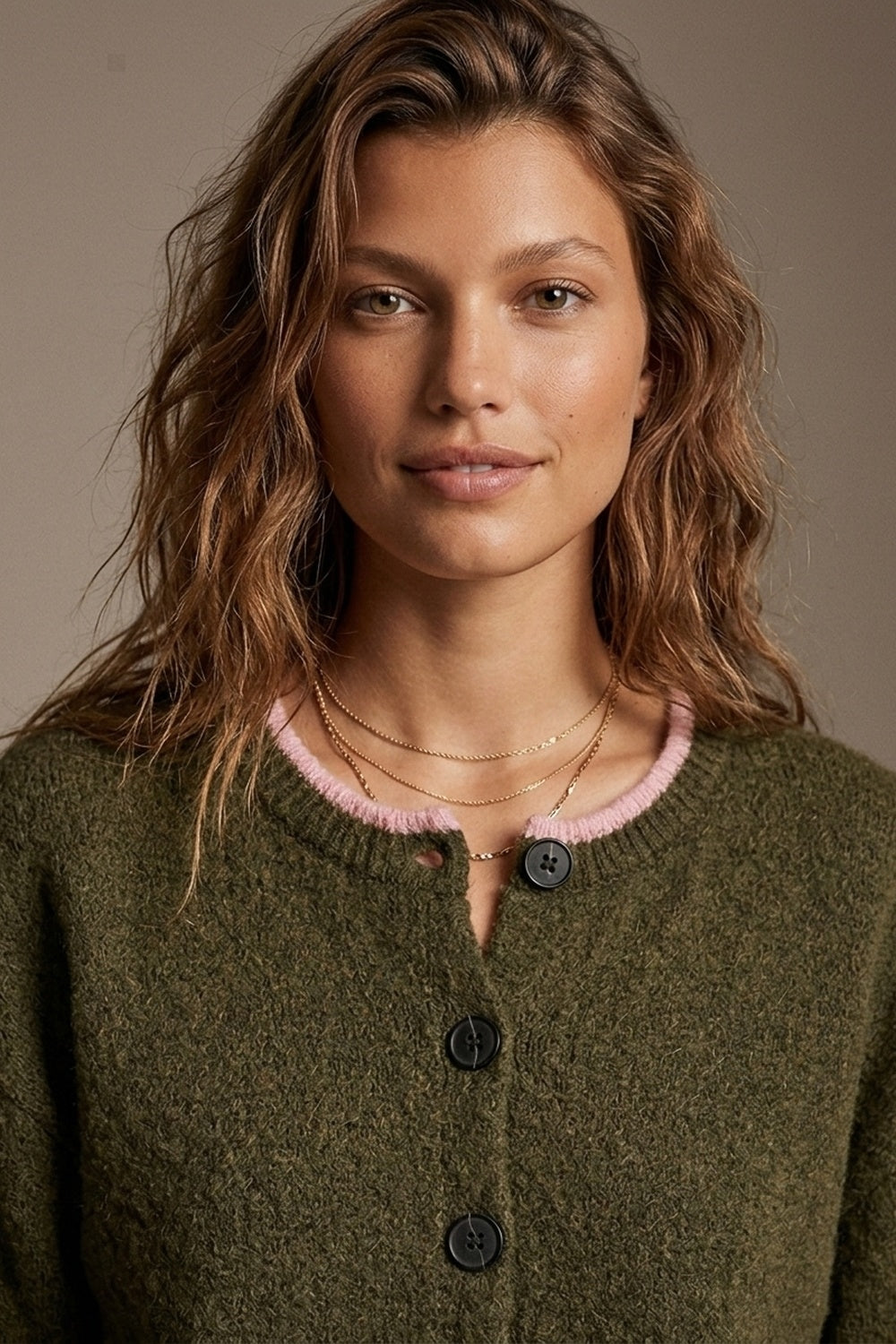 UNIKCOSA olive and pink contrast-trim cardigan