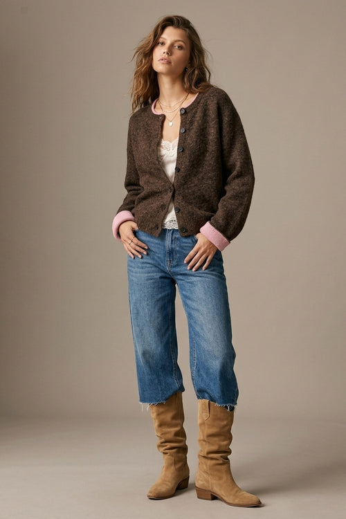 Brown Soft Knit pink Contrast Trim Button Cardigan Sweater