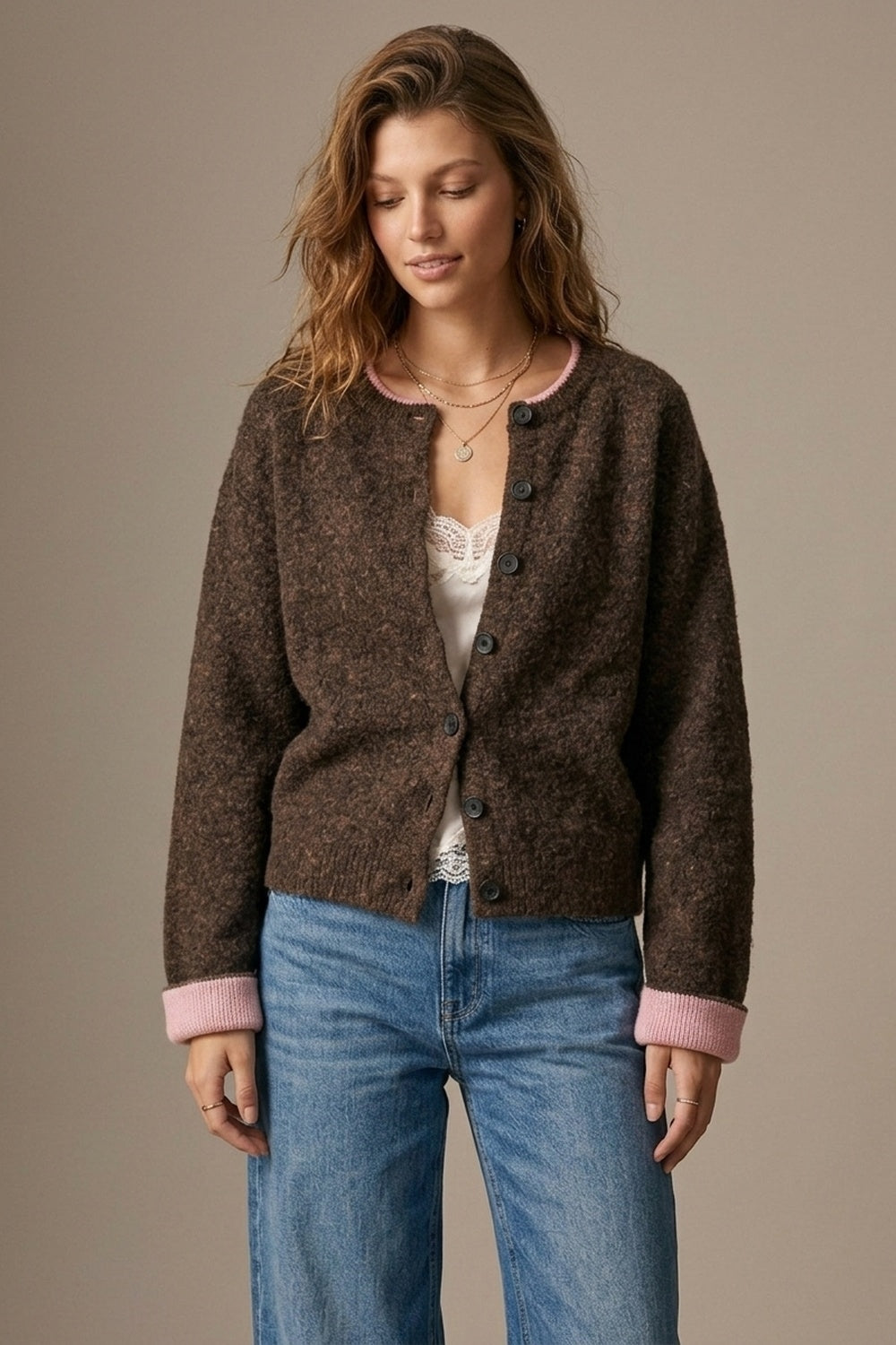 UNIKCOSA brown and pink contrast-trim cardigan