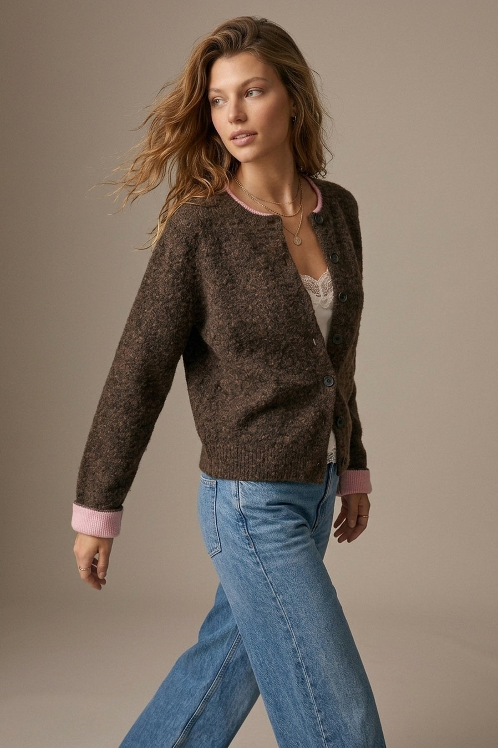 UNIKCOSA brown and pink contrast-trim cardigan