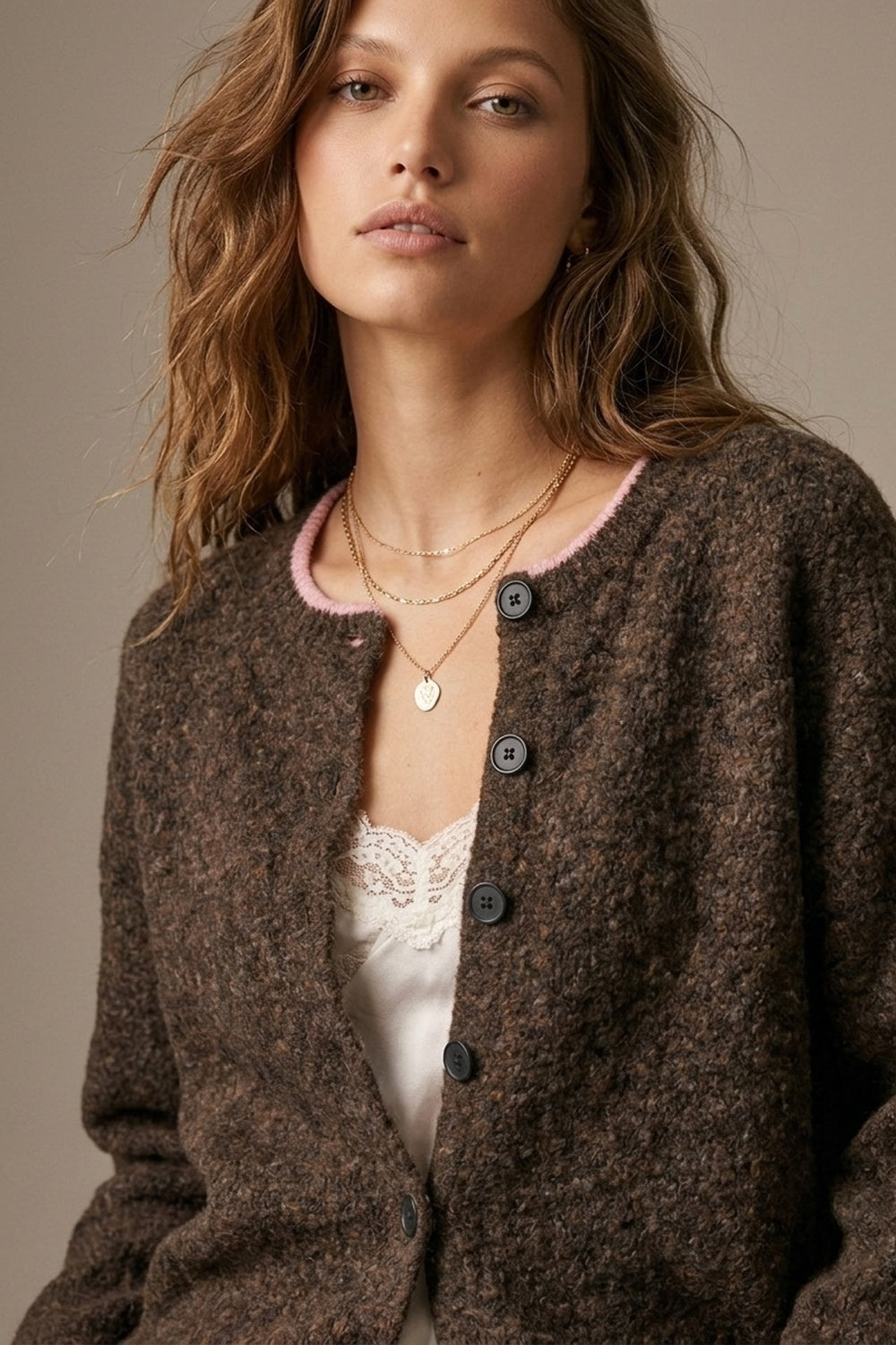 UNIKCOSA brown and pink contrast-trim cardigan