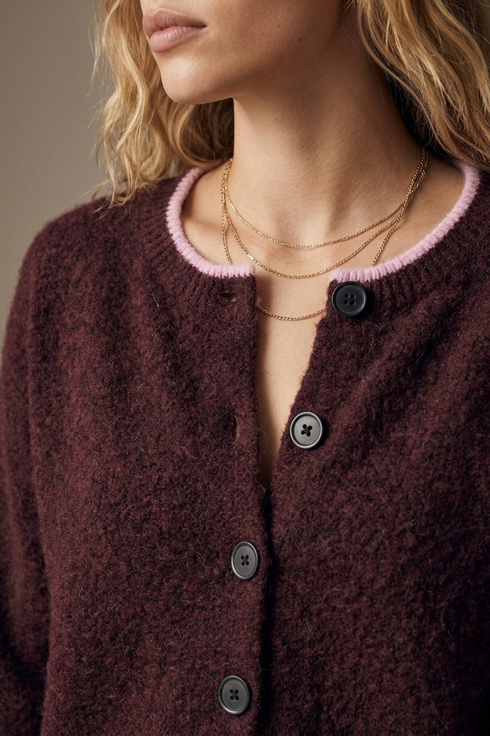 UNIKCOSA burgundy contrast-trim button cardigan