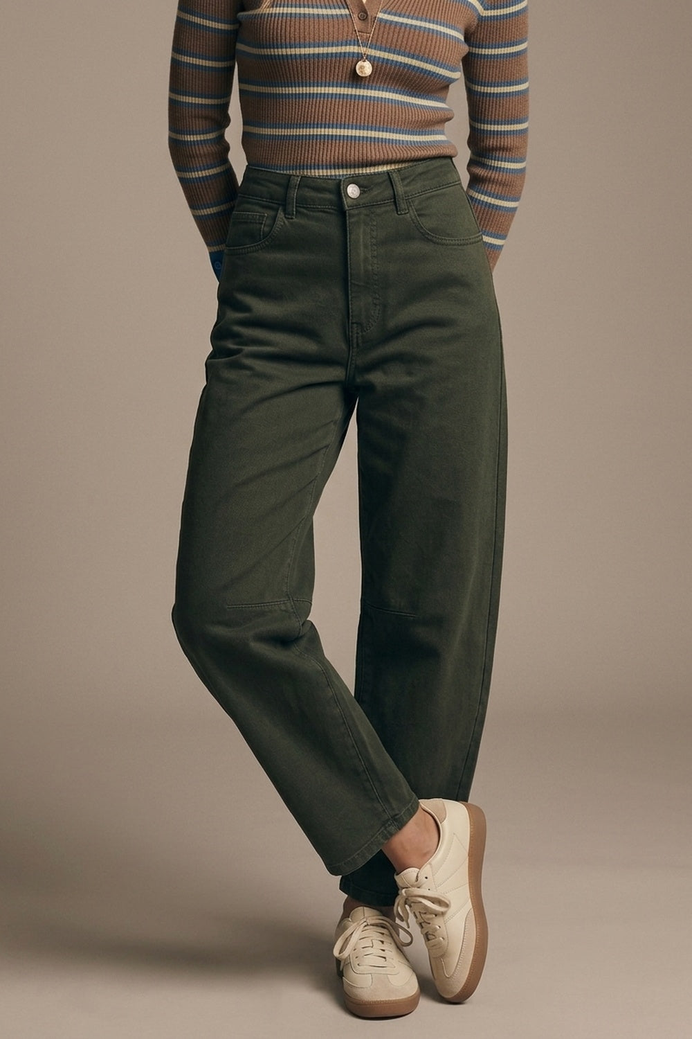 UNIKCOSA dark green stretch barrel-leg jeans