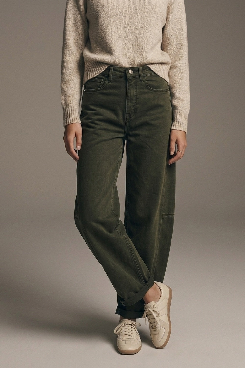 UNIKCOSA olive green side-seam barrel-leg pants
