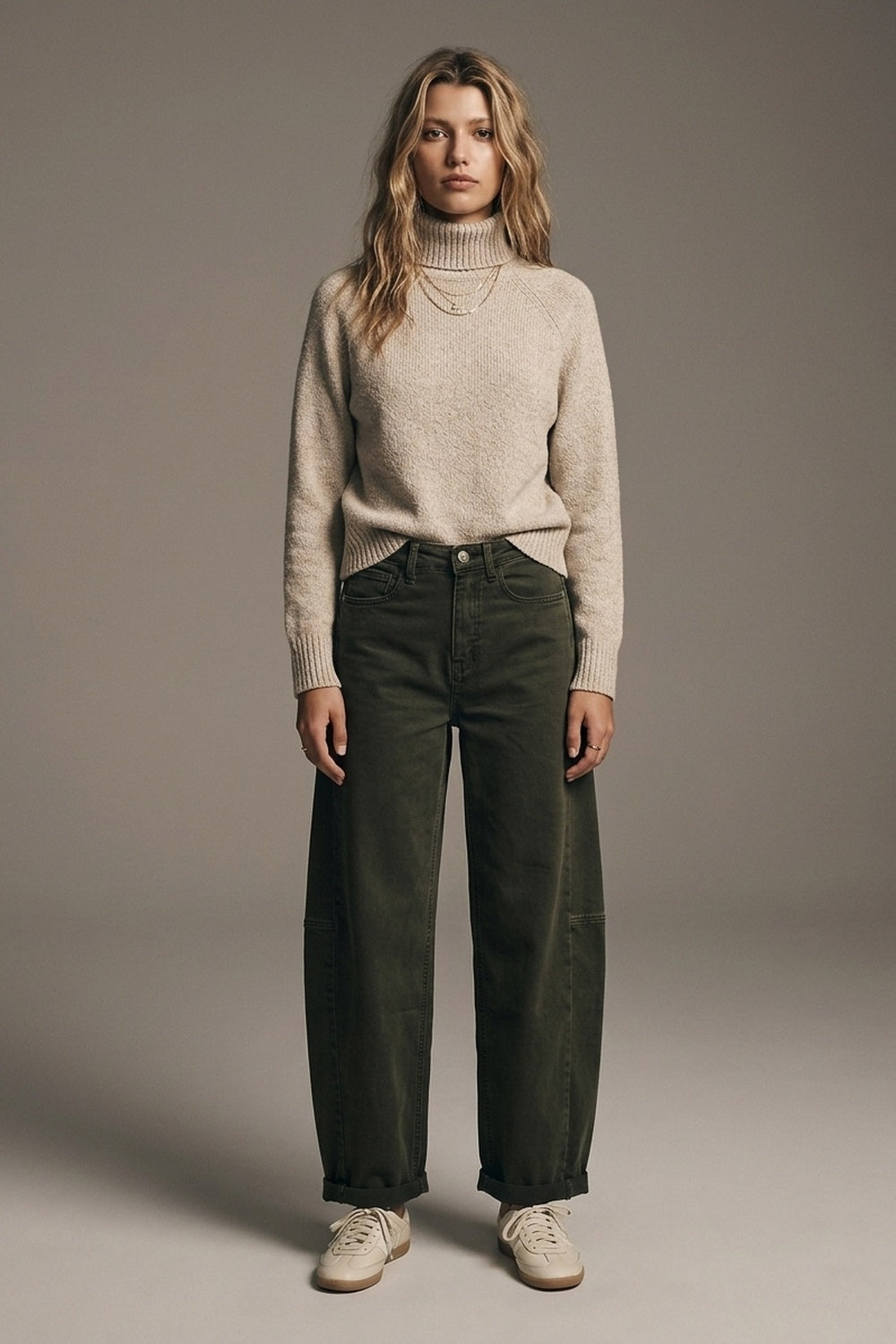 UNIKCOSA olive green side-seam barrel-leg pants