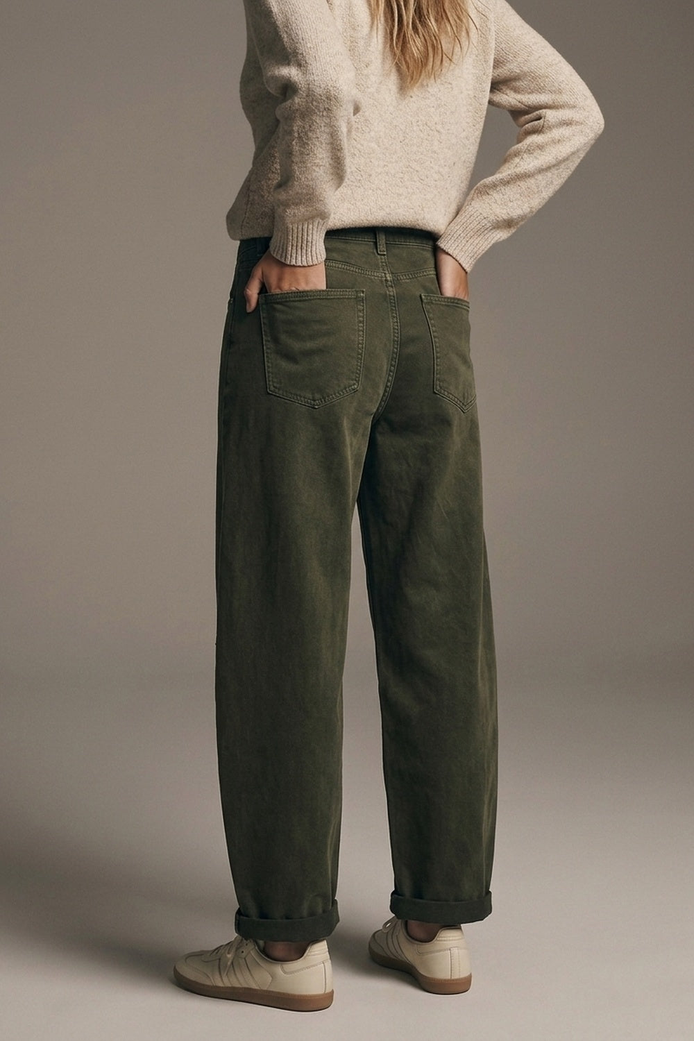 UNIKCOSA olive green side-seam barrel-leg pants