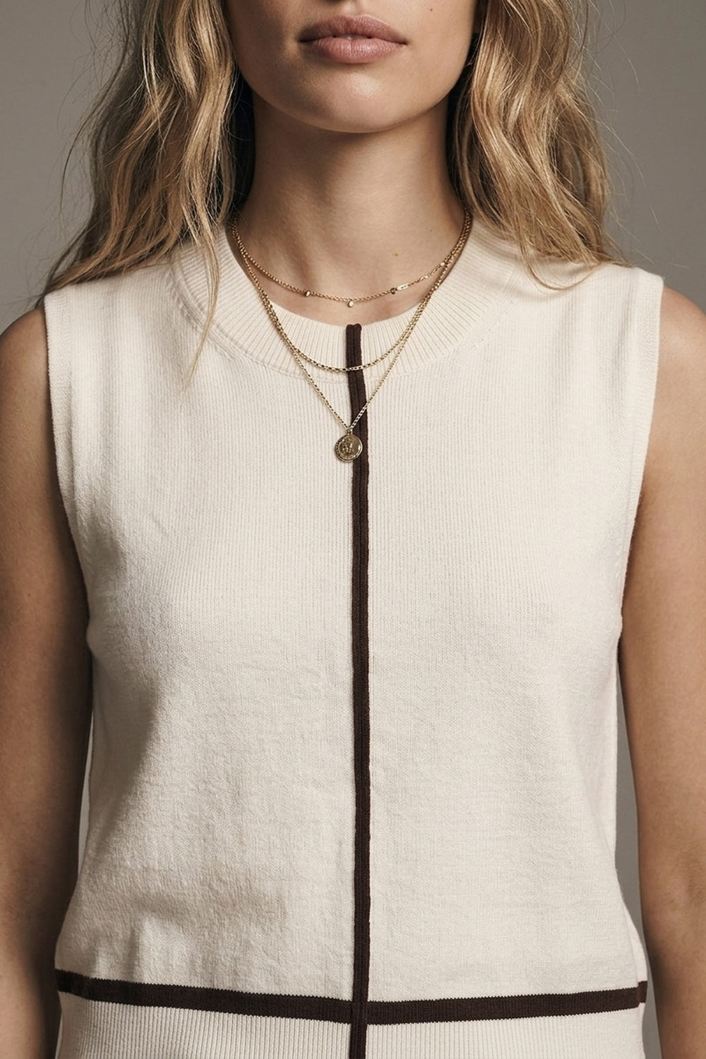 Cream Fine Knit Contrast Trim Sleeveless Sweater