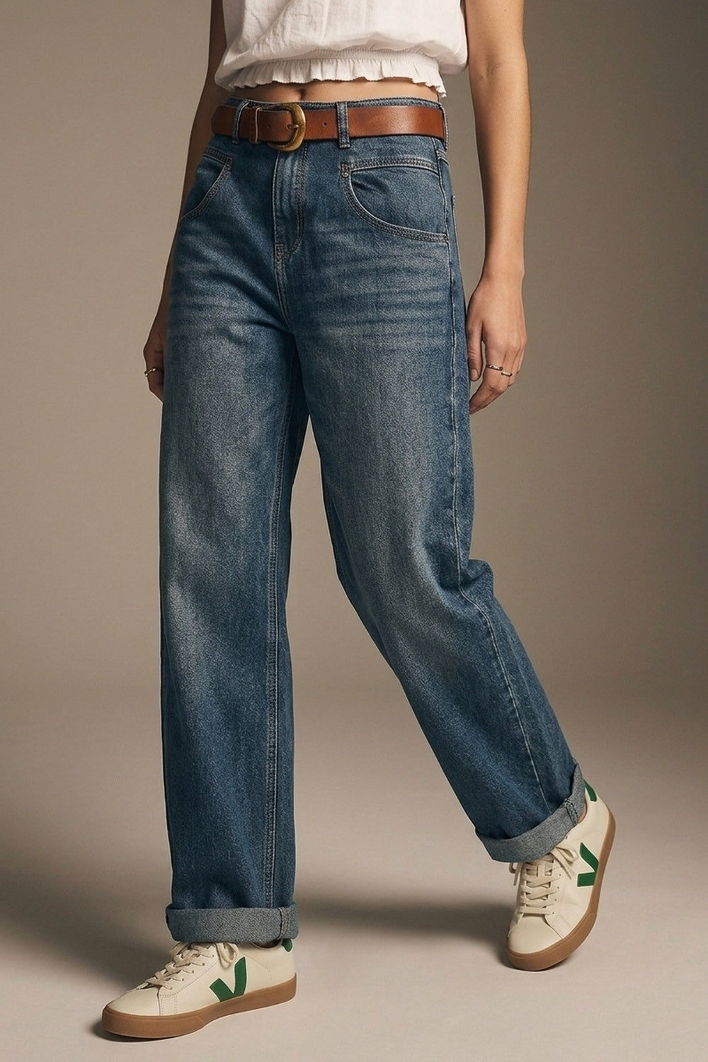 UNIKCOSA dark blue vintage-wash wide-leg jeans