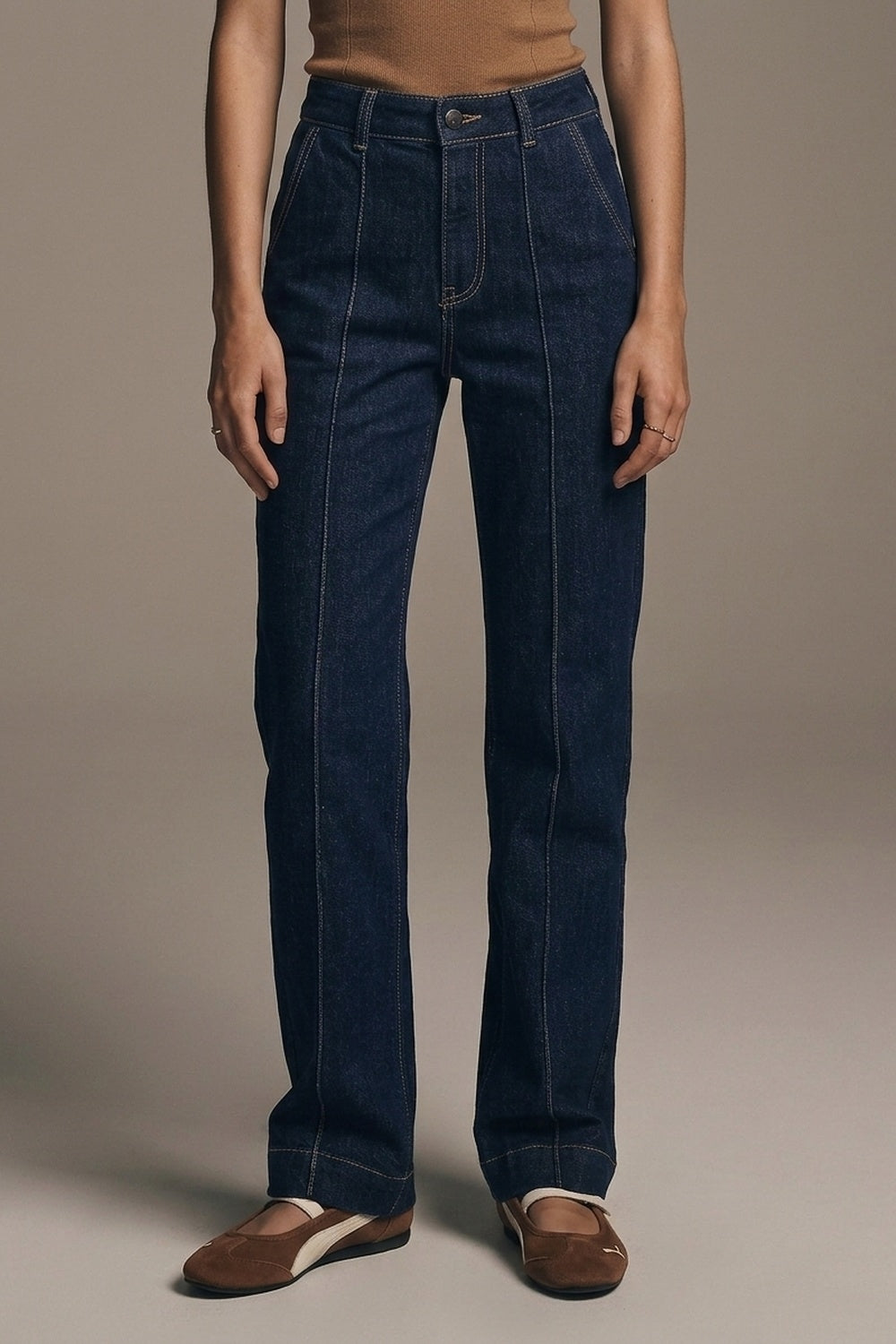 UNIKCOSA Dark Blue Contrast-Stitch Straight-Leg Jeans