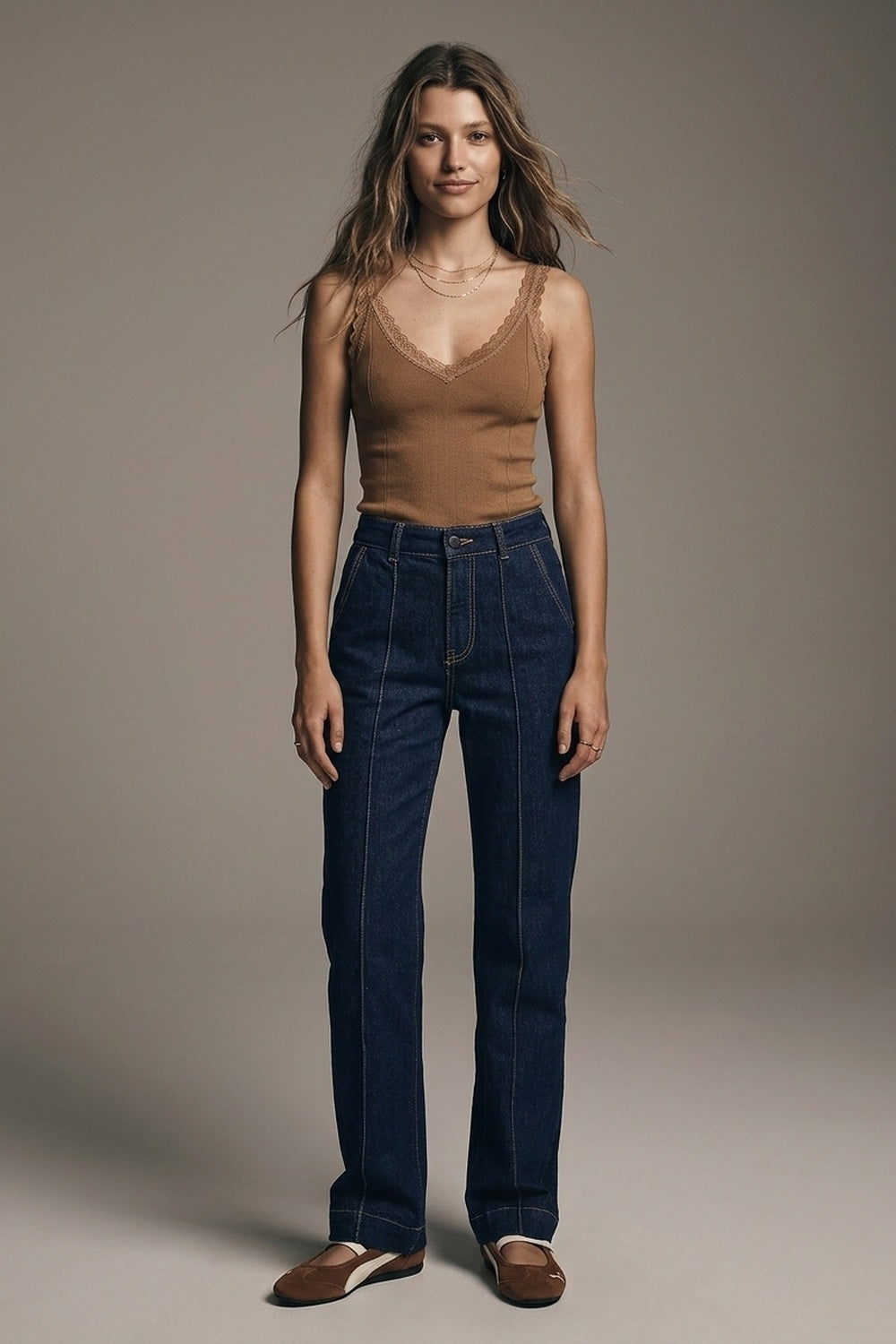 UNIKCOSA Dark Blue Contrast-Stitch Straight-Leg Jeans