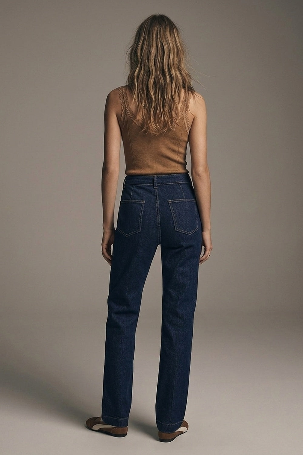 UNIKCOSA Dark Blue Contrast-Stitch Straight-Leg Jeans