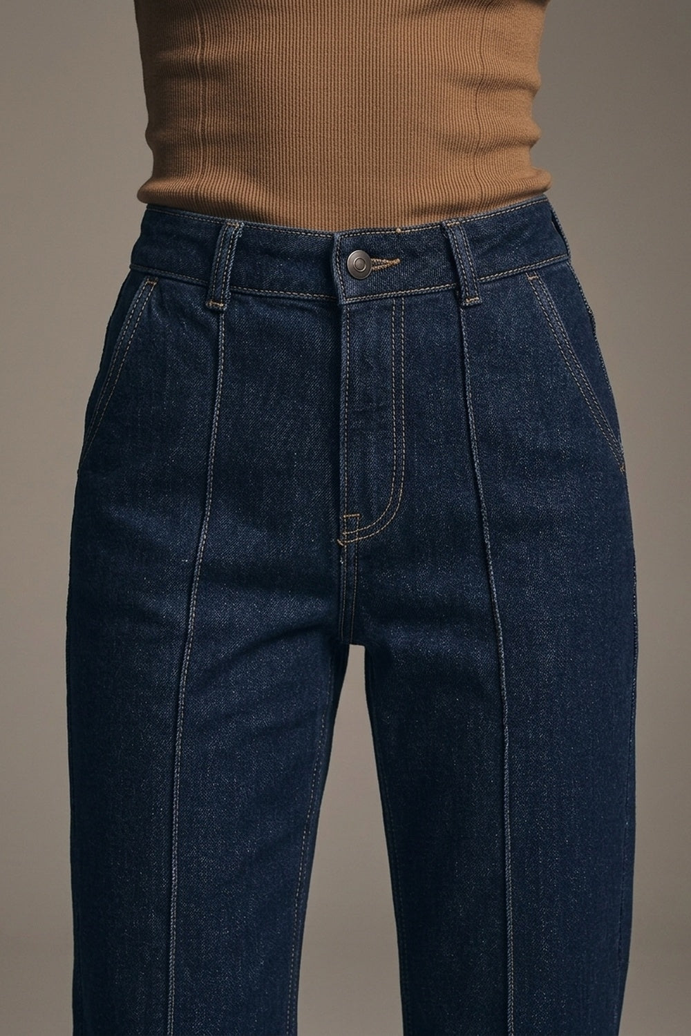 UNIKCOSA Dark Blue Contrast-Stitch Straight-Leg Jeans