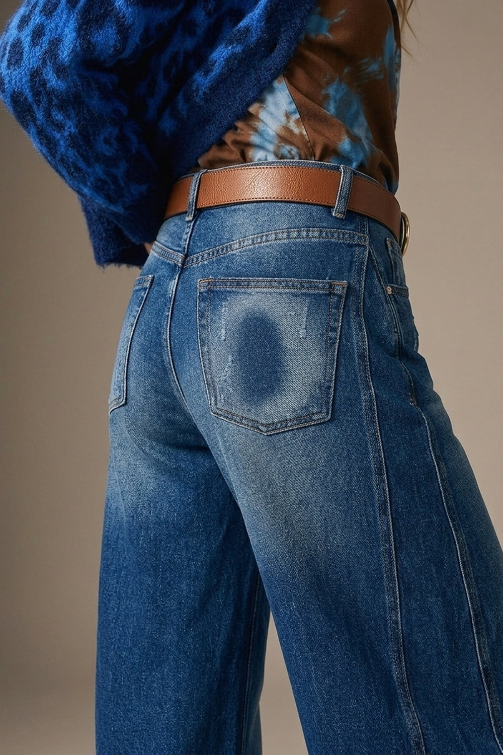 UNIKCOSA Blue Side-Seam Balloon-Leg Jeans