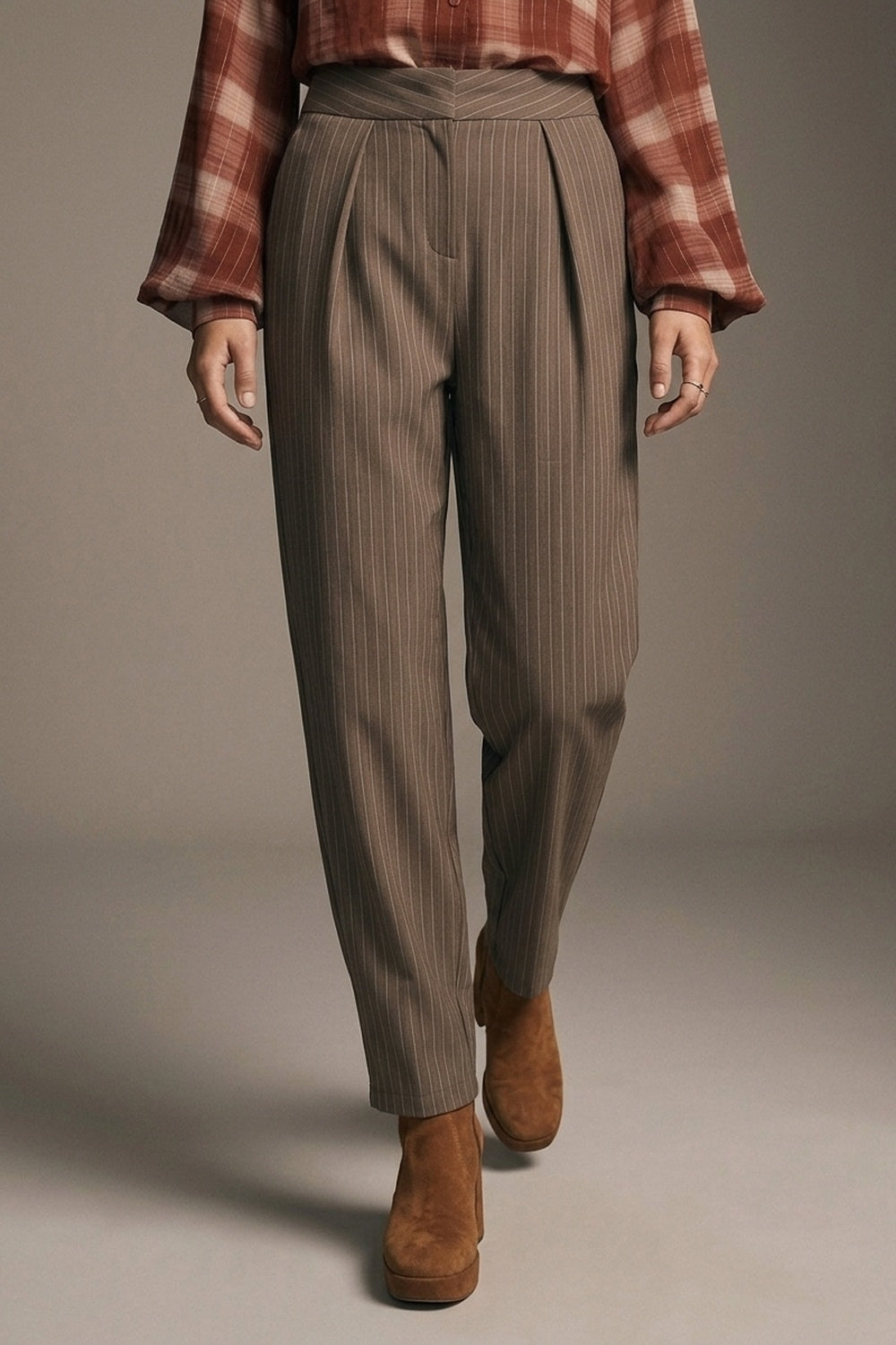 Brown Pinstripe soft Woven Pleated Tapered Pants