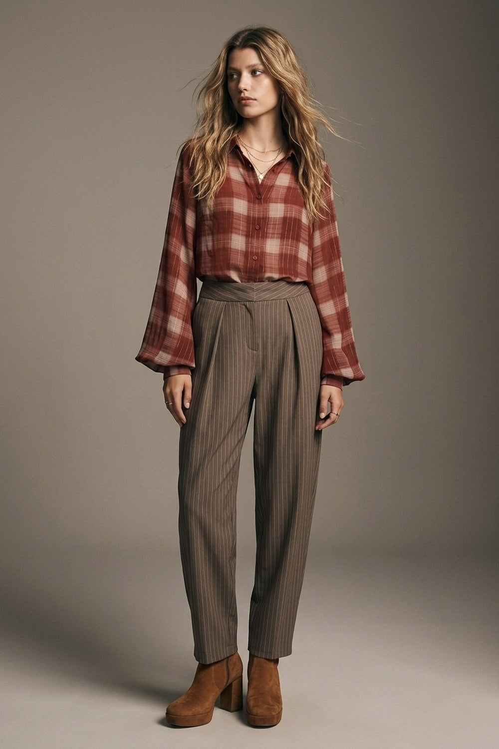 Brown Pinstripe soft Woven Pleated Tapered Pants