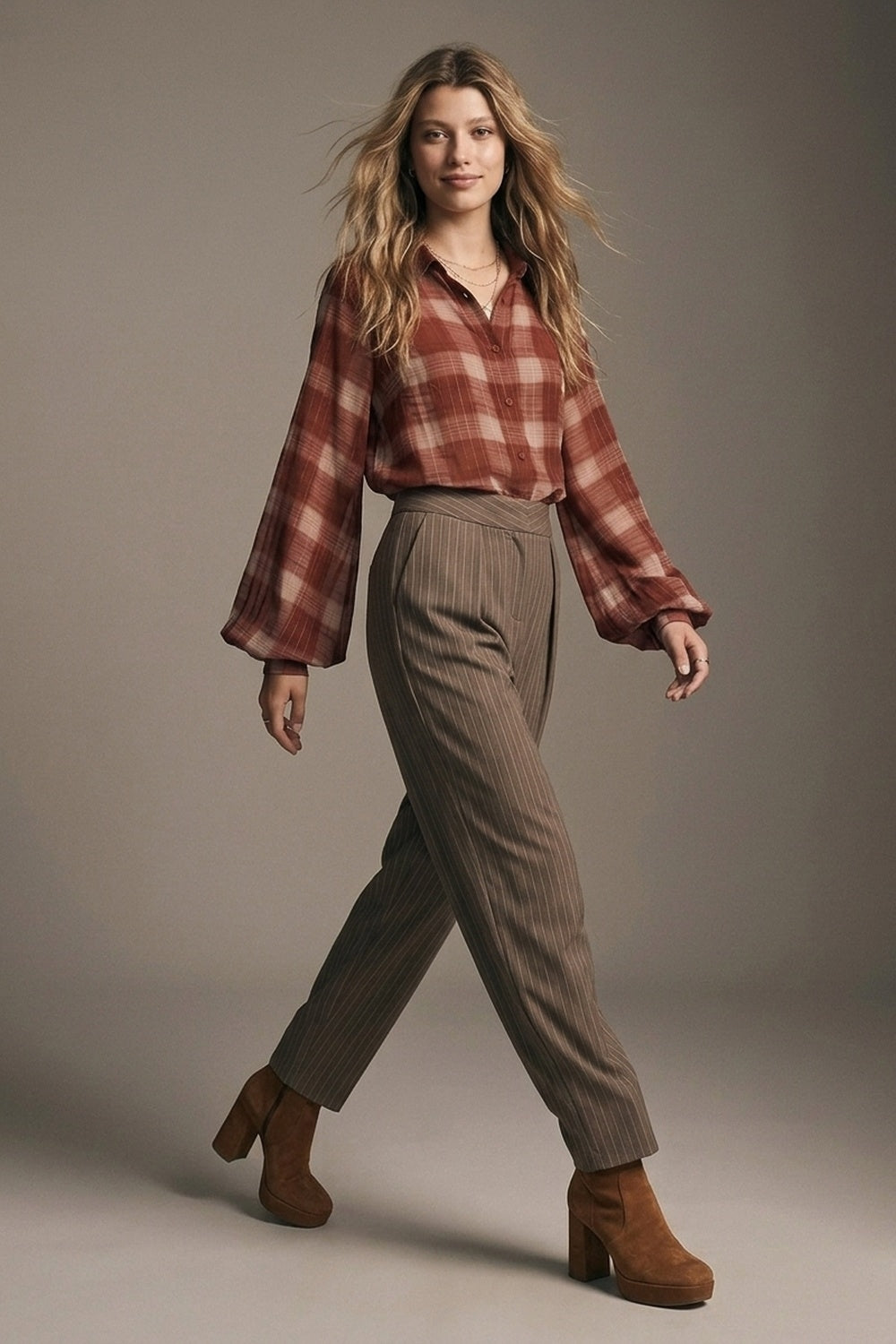 Brown Pinstripe soft Woven Pleated Tapered Pants