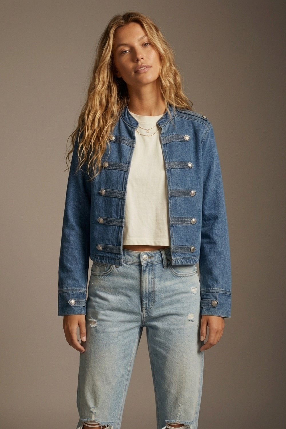 Product view 2 of blue cropped rigid denim military-button jacket