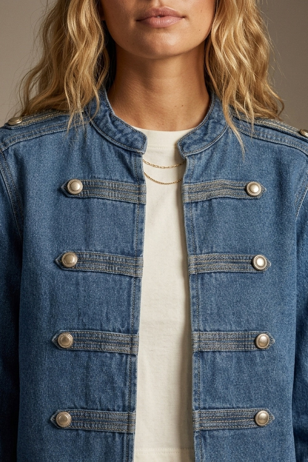 Product view 4 of blue cropped rigid denim military-button jacket