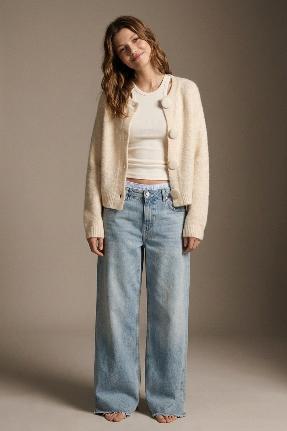 Product view 2 of cream fluffy-knit button-front cropped cardigan