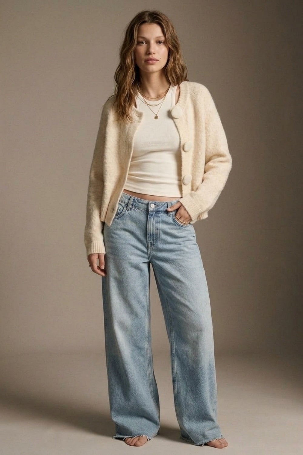 Product view 3 of cream fluffy-knit button-front cropped cardigan