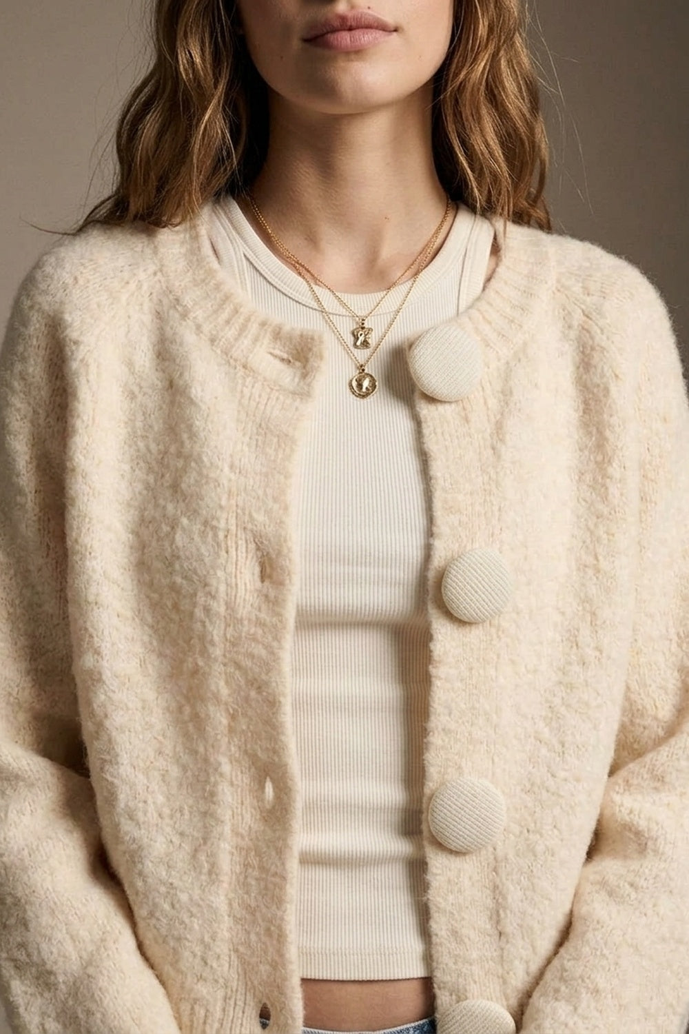 Product view 4 of cream fluffy-knit button-front cropped cardigan